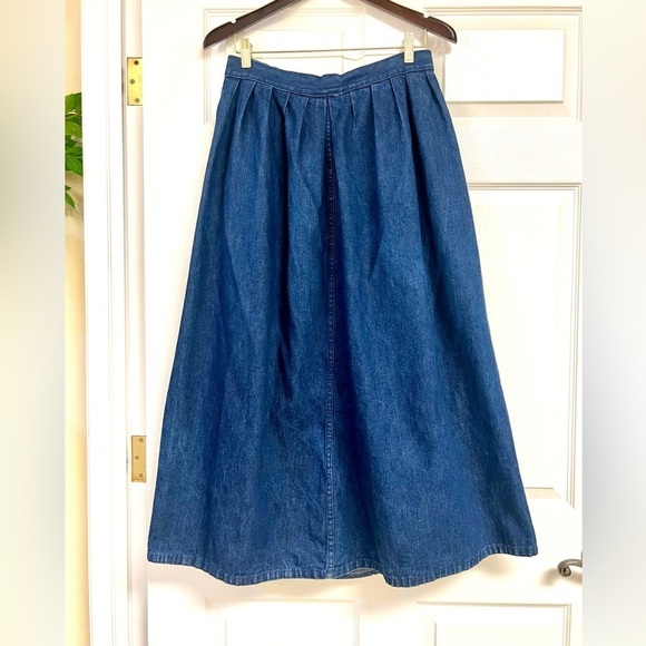 Vintage BONJOUR 90’ Denim buttons maxi full skirt pleated pockets cotton size 8 - Picture 1 of 9